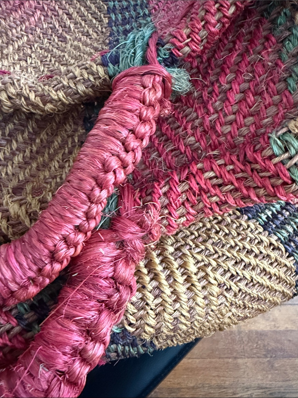 Woven Straw Tote Bag in Red, Brown & Green - Picture 3 of 4